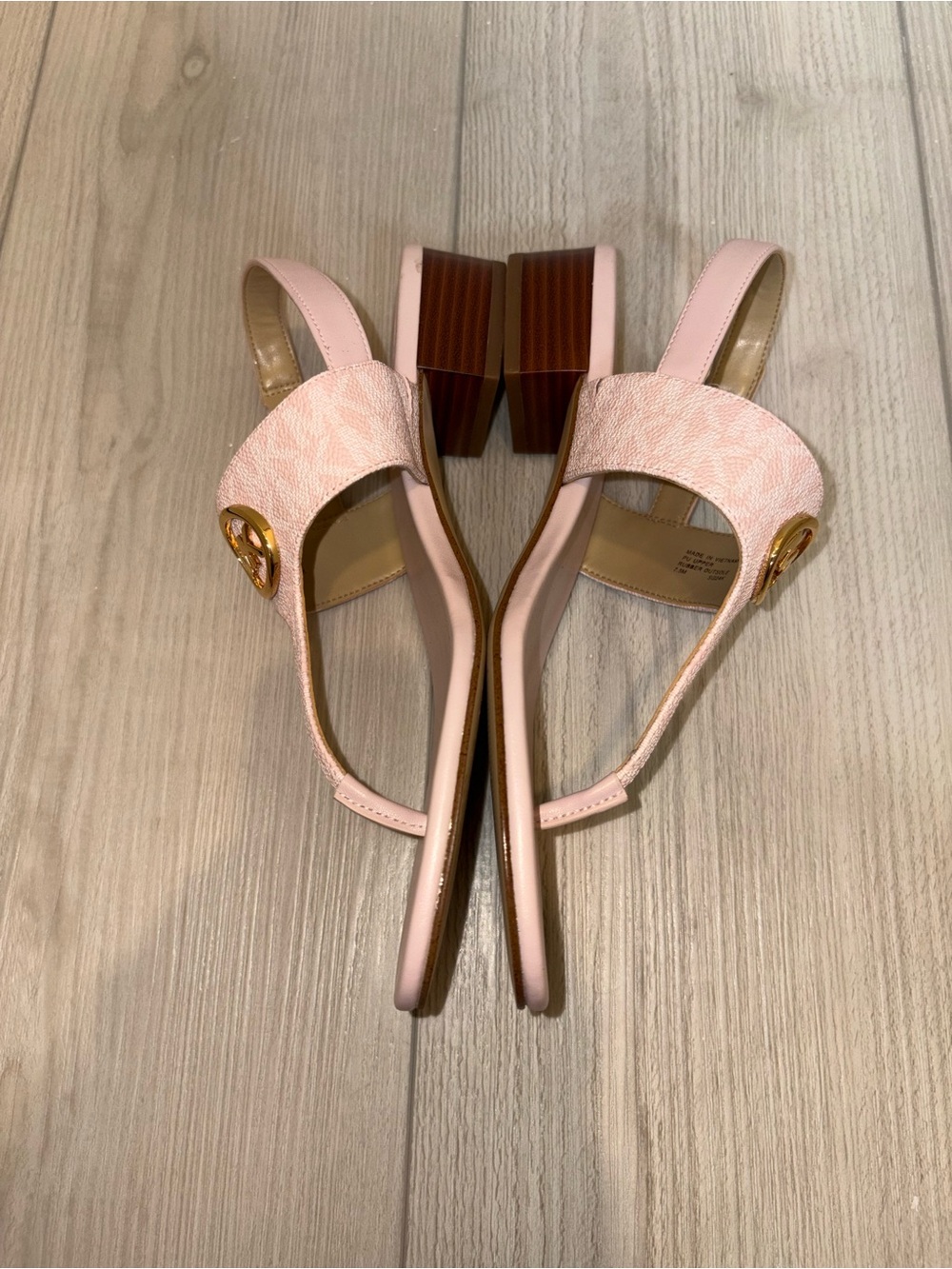 Michael Kors Blush Pink MK Logo T-Strap Sandals with Gold Hardware - Picture 3 of 4